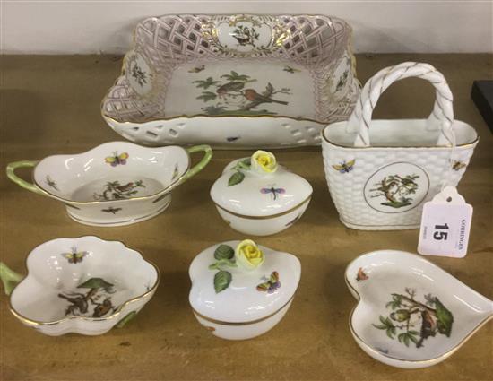 Group of Herend Rothschild bird pattern wares, 20th century, the lattice pierced dish 24cm(-)